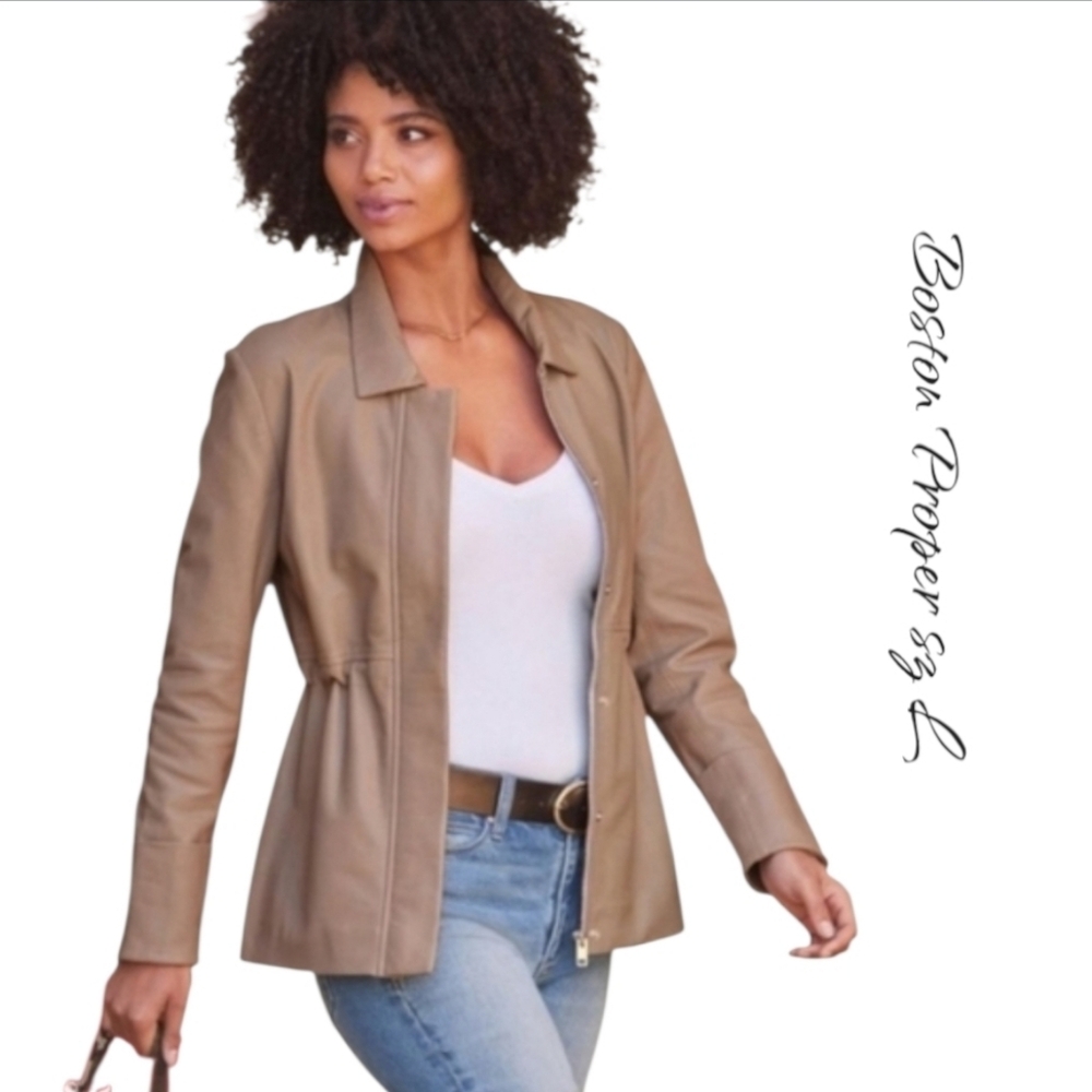 NWT Boston Proper Taupe Real Lambskin Leather Utility Jacket Large